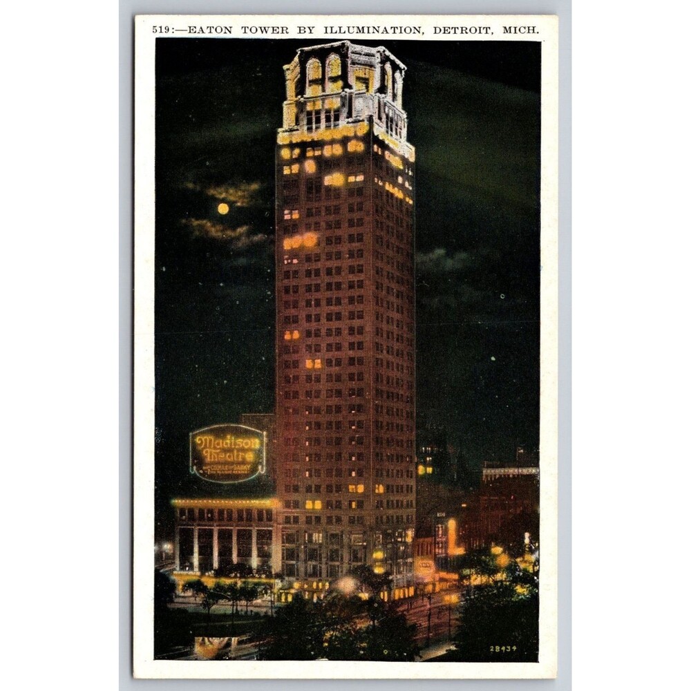 Vintage Eaton Tower Detroit MI Postcard Night Illumination Madison Theatre 1930